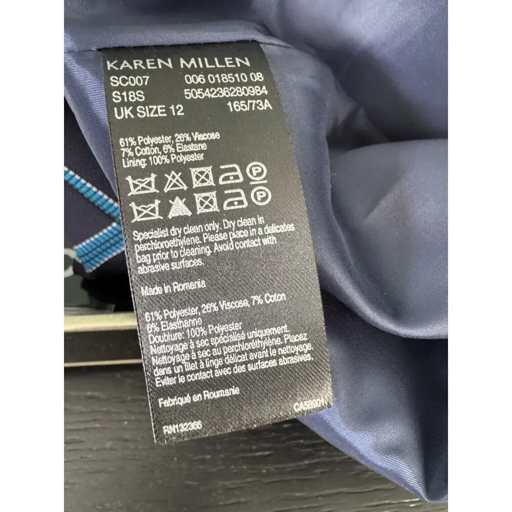 Karen Millen Stripe Skirt Women's 8 BlueMulti Cotton Stretch Pockets Tie NWT